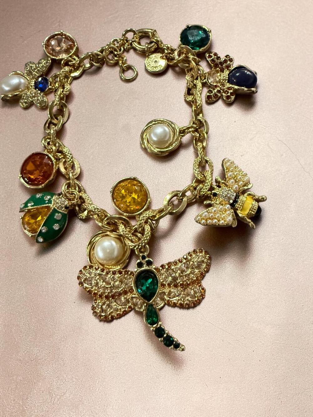 Talbots Jeweled Bug Charm Bracelet Gold Tone Rhinestone Pearl Statement